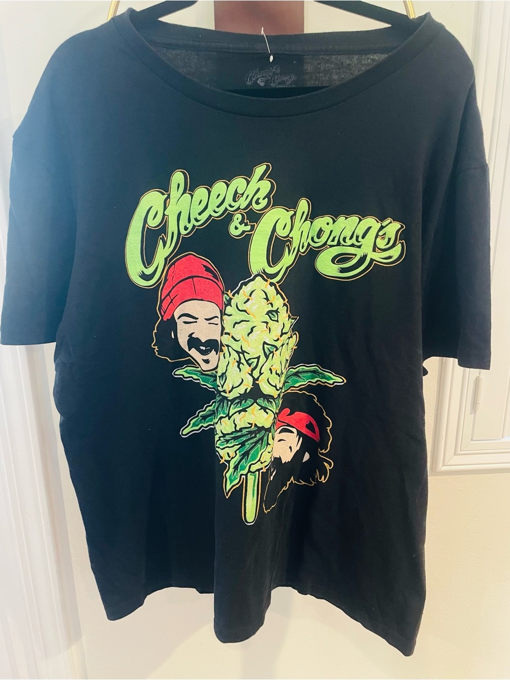 Black Graphic T-Shirt - Neon Green Print Cheech & Chong